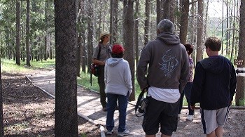 Male park ranger and four hikers on a forested trail.