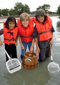 Three young girls share dipnets and a glass bottom bucket to explore the seagrass communities in the shallows of Biscayne Bay off of Elliott Key Three young girls share dipnets and a glass bottom bucket to explore the seagrass communities in the shallows of Biscayne Bay off of Elliott Key