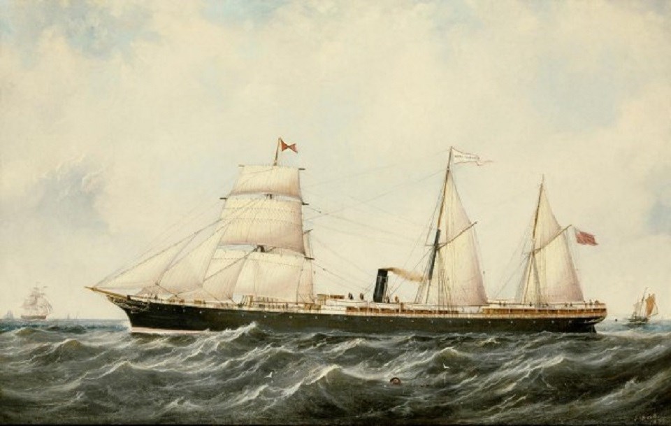 Old color drawing of a steamer ship with three masts