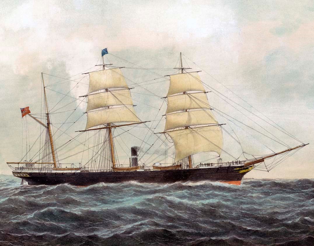 Painting of a large three-masted ship.