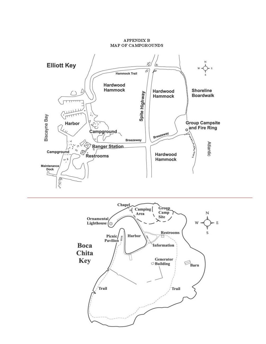 Map of camping areas and amenities on Elliott and Boca Chita Keys in Biscayne National Park