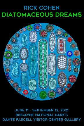 Diatomaceous_Dreams_Postcard_NPS Colorful shapes made of found objects representing diatoms as seen under a microscope