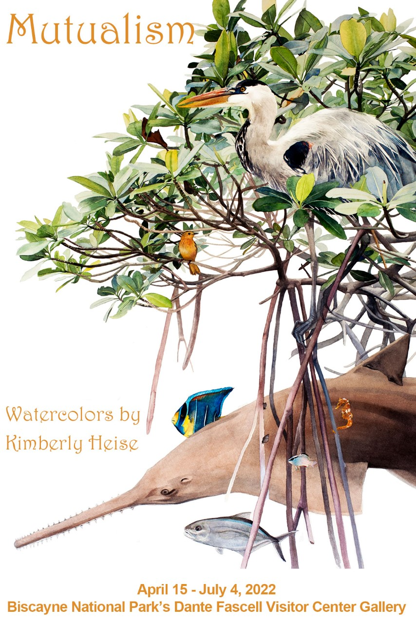 Watercolor illustration of birds, fish, seahorse, sawtooth shark, and mangrove