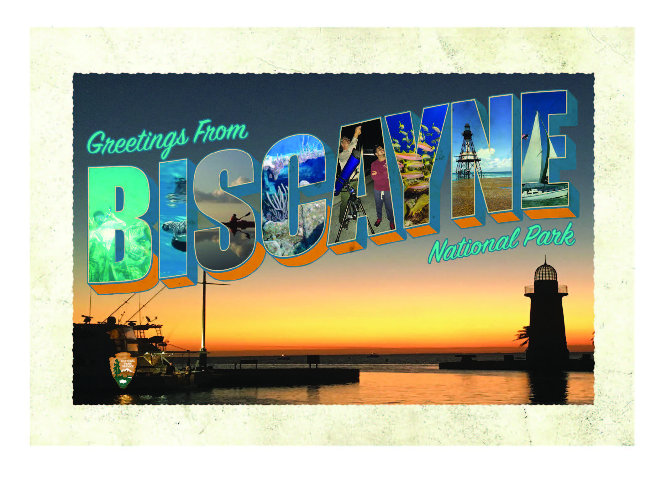 PAD Postcard Postcard with Boca Chita Lighthouse and harbor at sunset. It reads Greetings from Biscayne National Park