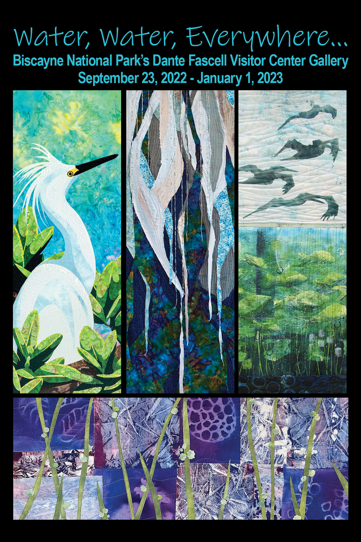 Water, Water, Everywhere... A collage of artist quilts in greens and blues
