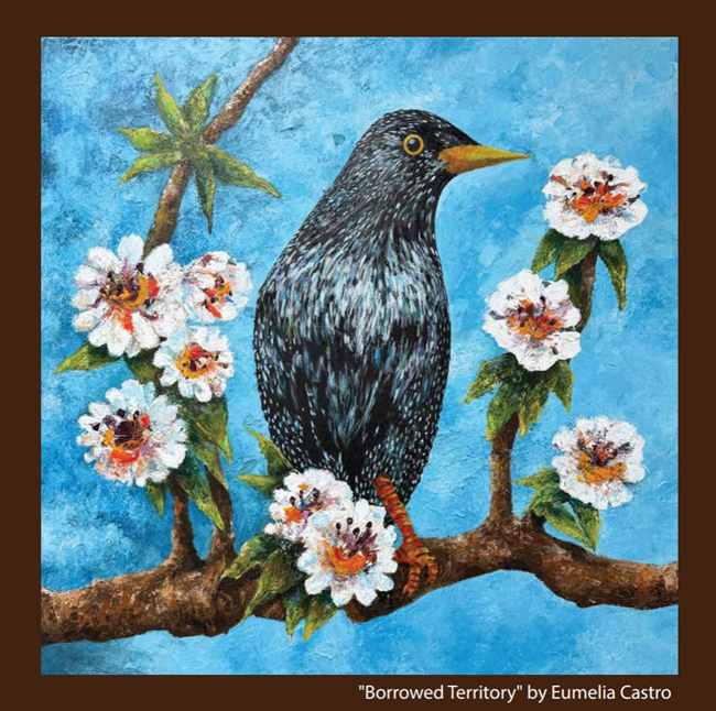 A painting of a starling perched atop a flowering treebranch. Painting by Eumelia Castro.