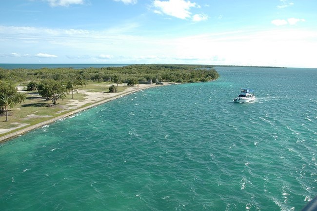 Boat entering Boca Chita harbor in Biscayne National Park.