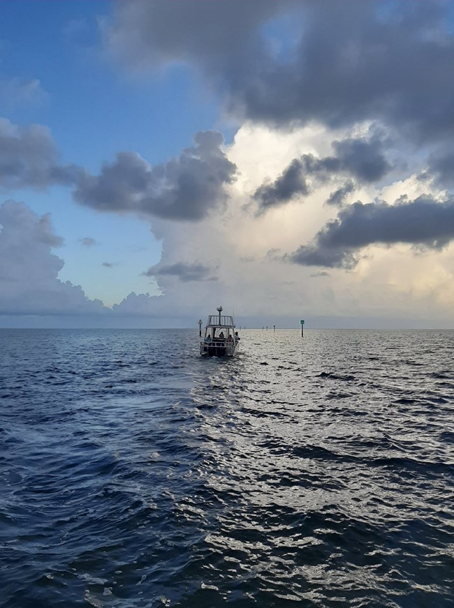 Boat cruising across the waters at dusk