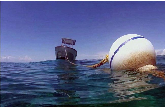 White sphere with blue stripe attached to a yellow rope floating in the ocean with boat in the background