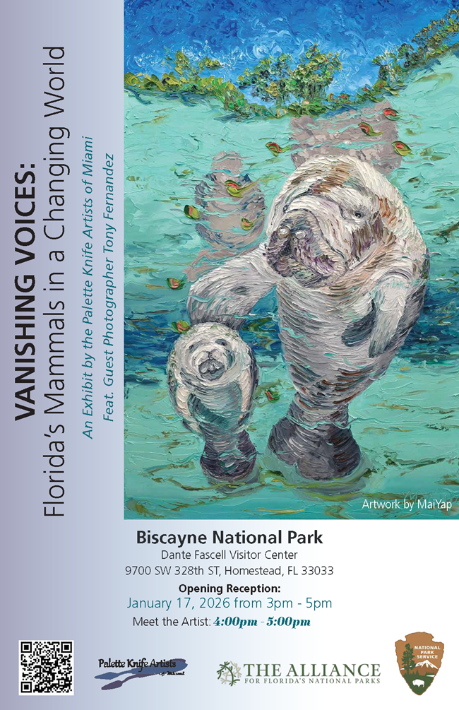 A flyer for Vanishing Voices: Florida's Mammals in a Changing World Art Reception and Gallery. A palette knife painting of a mother and baby manatee on the right side of the image, with event details below.