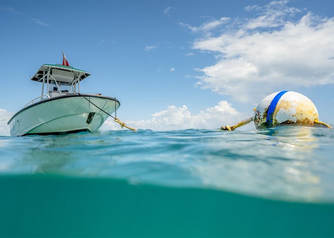 White sphere with blue stripe attached to a yellow rope floating in the ocean with boat in the background