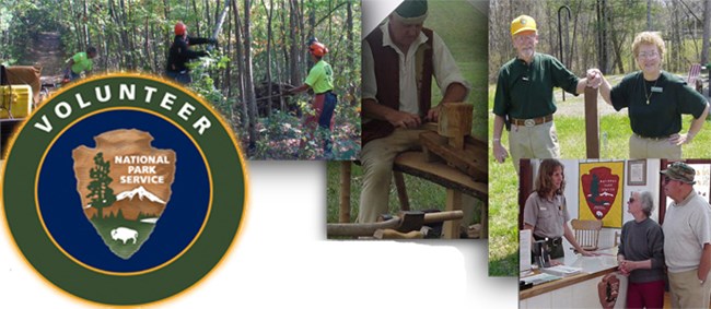 collection of images showing people doing various tasks such as working on trails or helping in a visitor center