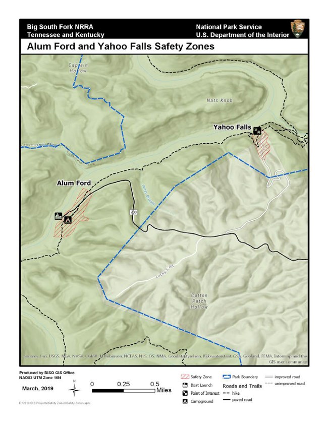 Map of safety zones around Yahoo Falls and Alum Ford