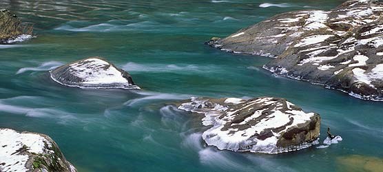 Ice forms around rocks in the river