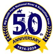 Big South Fork NRRA 50th Anniversary Logo with a blue and gold band surrounding large blue 50th Anniversary. Text on the top of the band reads Big South Fork National River & Recreation Area, and 1974-2024 at the bottom of the band.