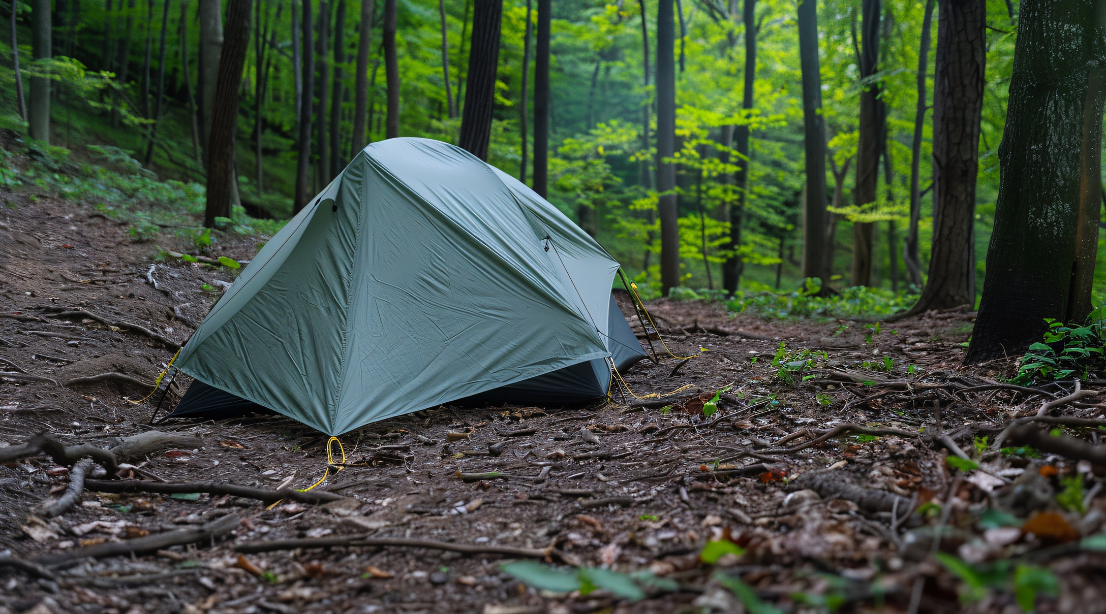 BackcountryCamping A green tent pitched in the middle of the forest.