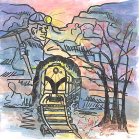 Color graphic of Ghost in mountain with Train