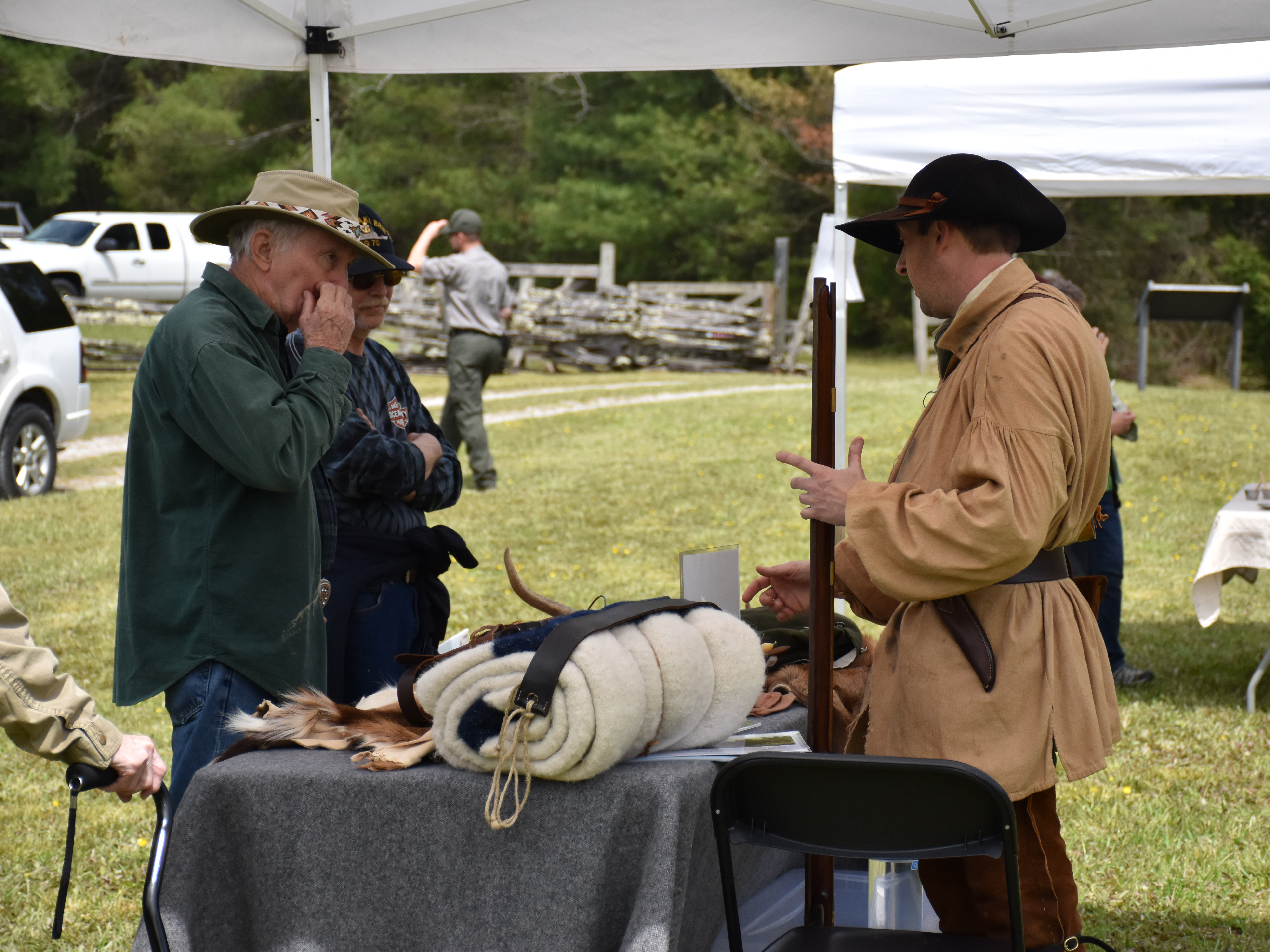 Longhunter Demonstration - Big South Fork (1) A male in a historical piece costume showing a long hunter demonstration.
