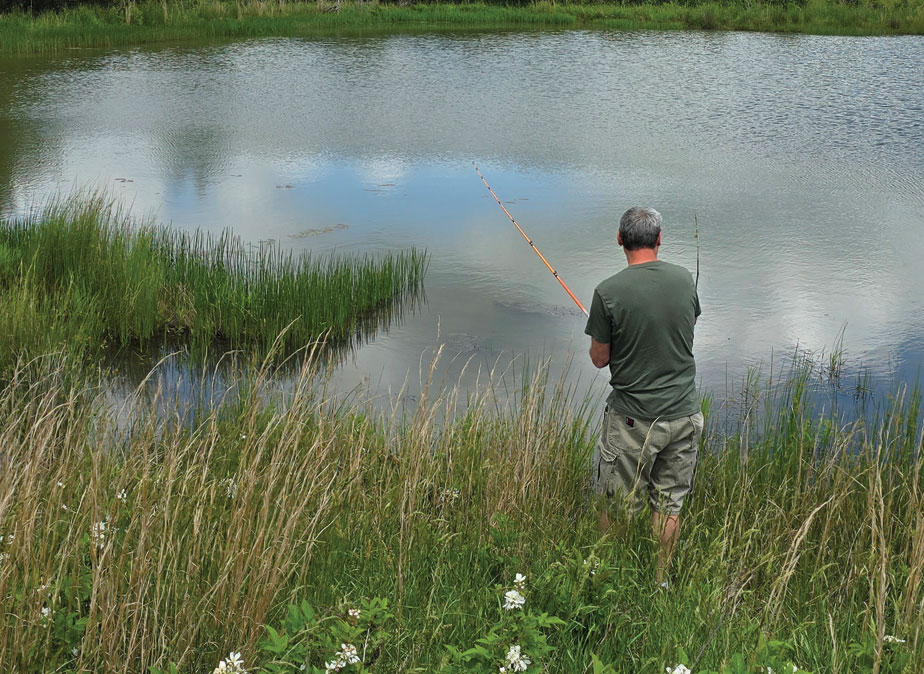 A fisherman standing in a field of grass next to a body of water fishing.