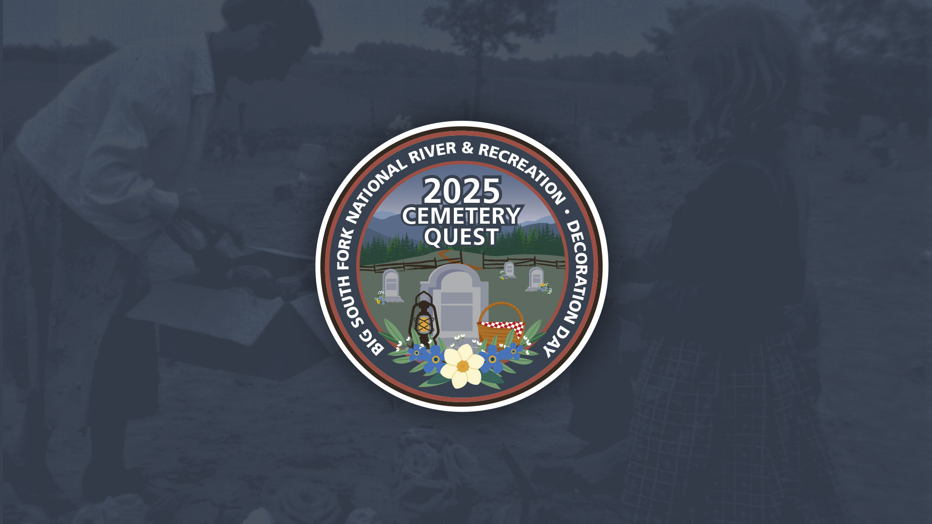 Blue overlay background with the cemetery circle graphic front and center.