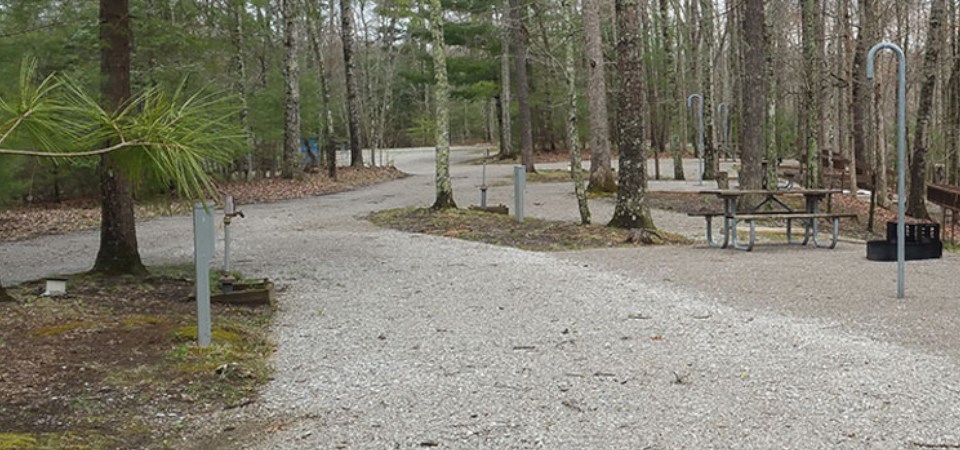 Gravel parking pad next to tent pad with picnic table.