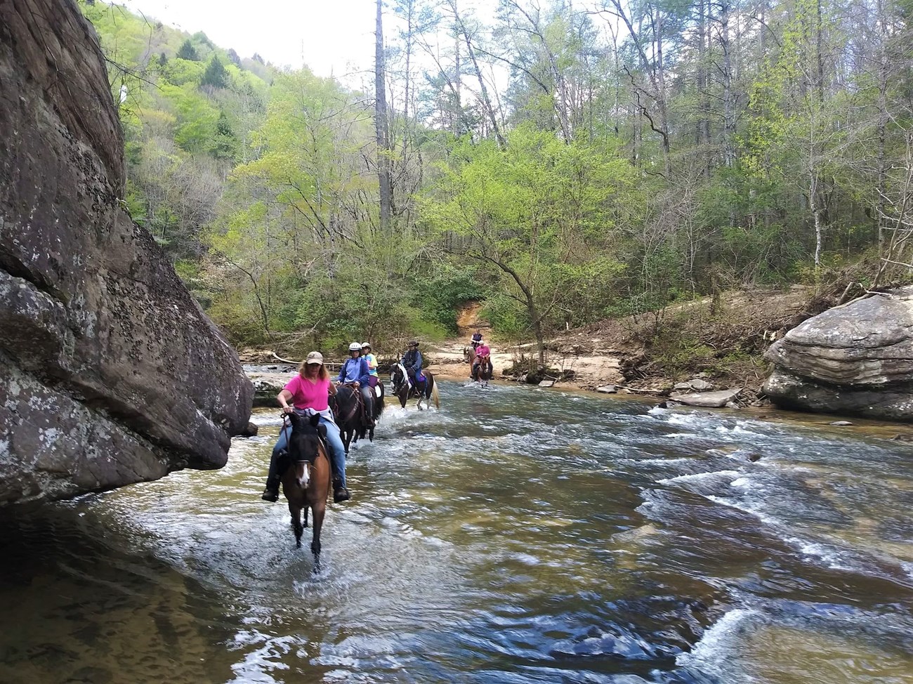 Horses with riders follow along in a line across a river bed.