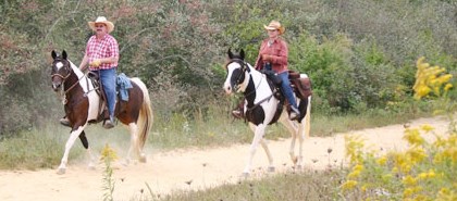 man and woman riding horse along trail with yellow flowers