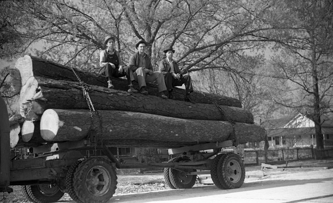 3 men sitting atop a pile of logs on a truck