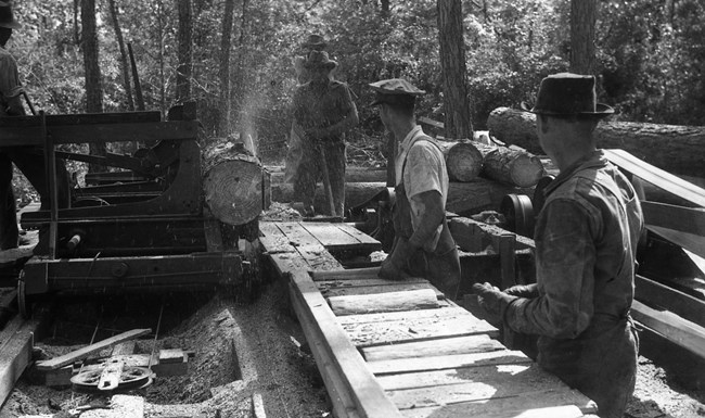 several men cutting logs at an outdoor sawmill