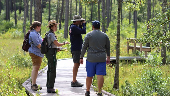 a park ranger leading a nature walk for a group of 3 people on a nature walk in the woods