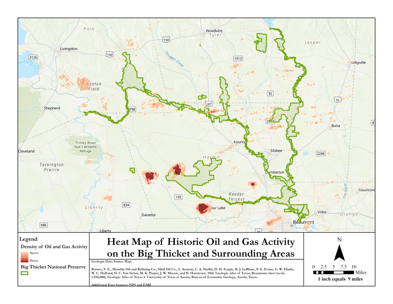 map of the density of oil and gas activity in the big thicket region. dark red indicates higher density of activity.