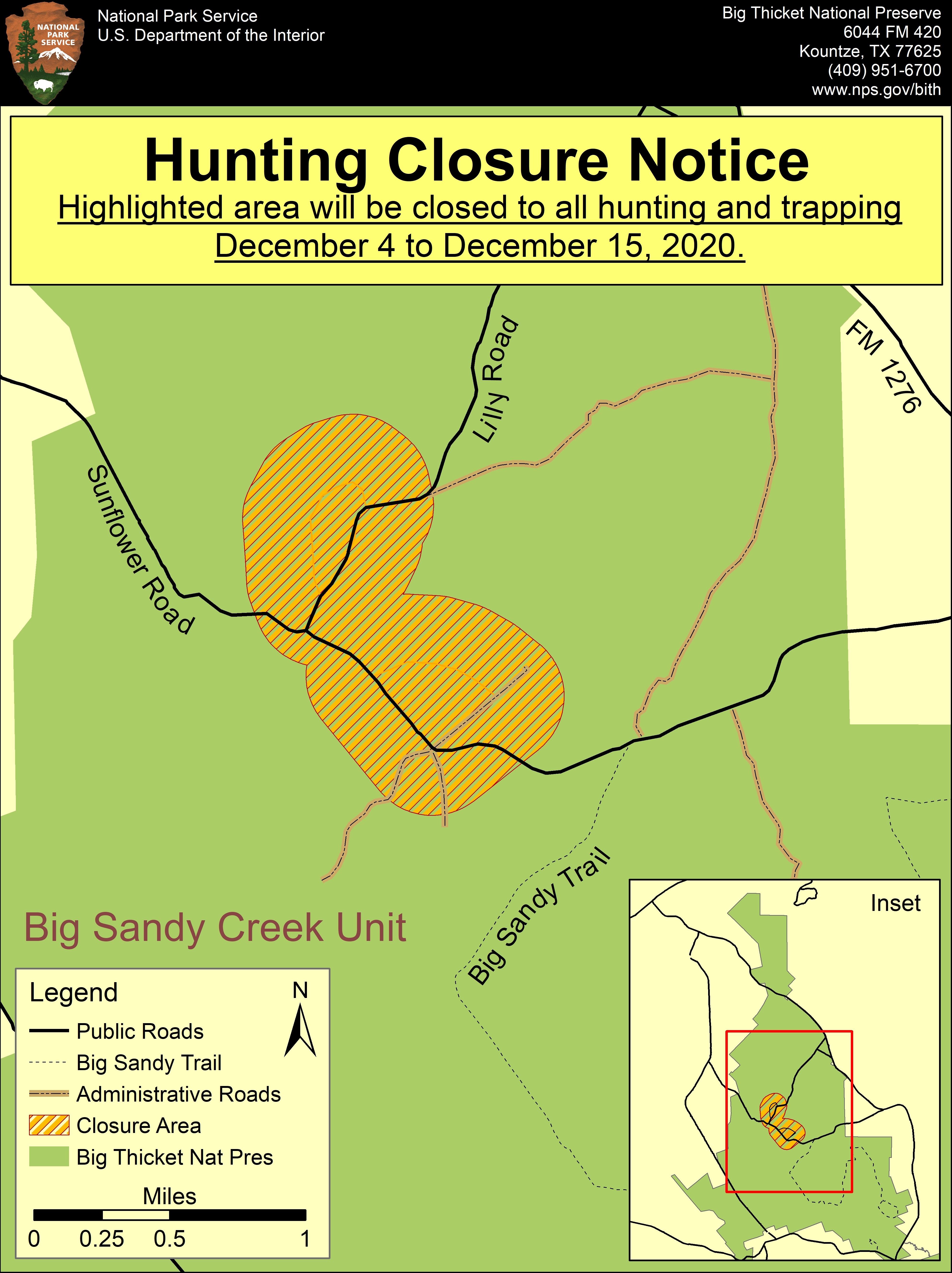 map of closure area, text reads "Hunting Closure Notice. Highlighted area will be closed to all hunting and trapping December 4 to December 15, 2020."