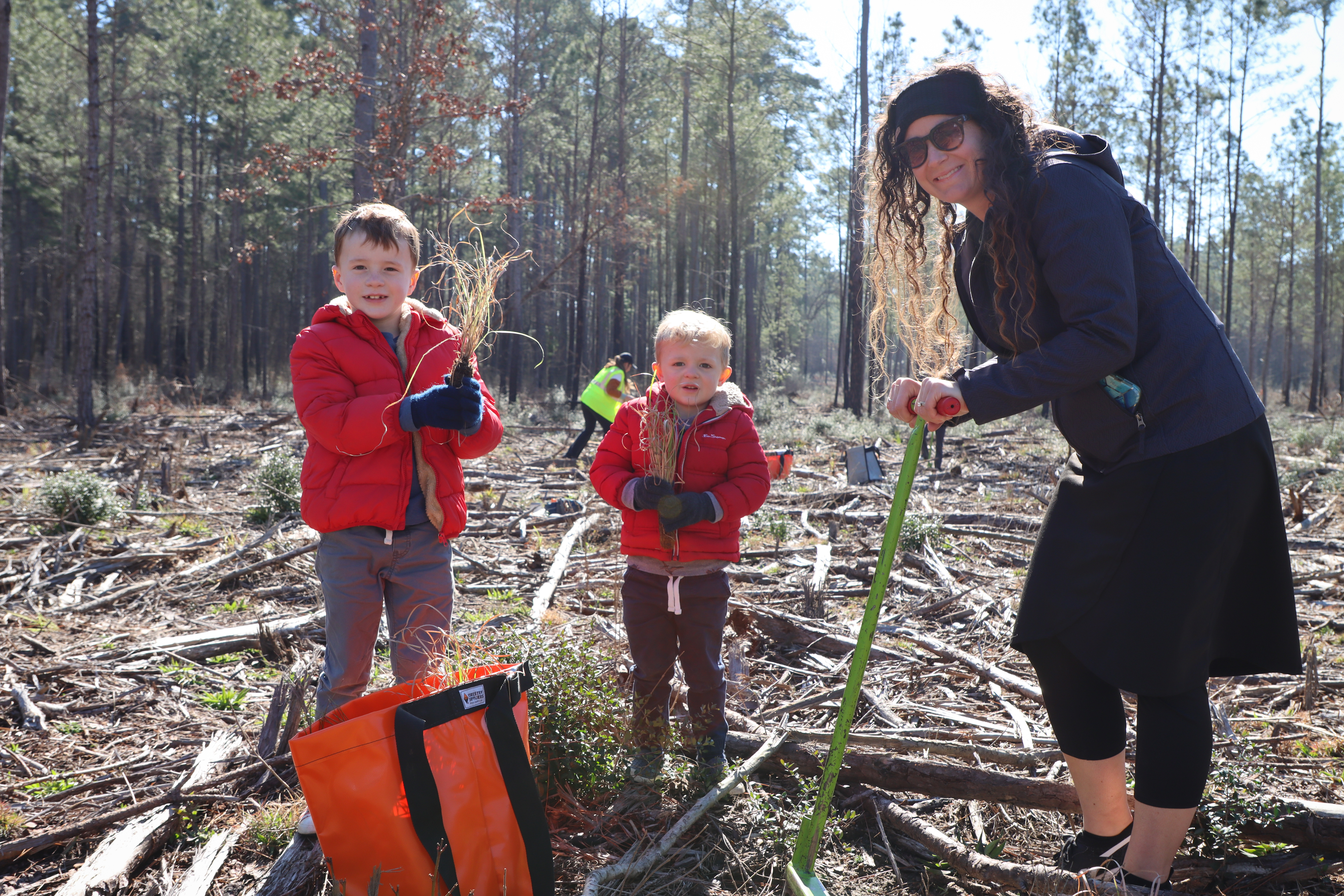 2 young boys holding grass seedlings next to their mother who is holding a planting tool while standing outdoors in a pine forest.