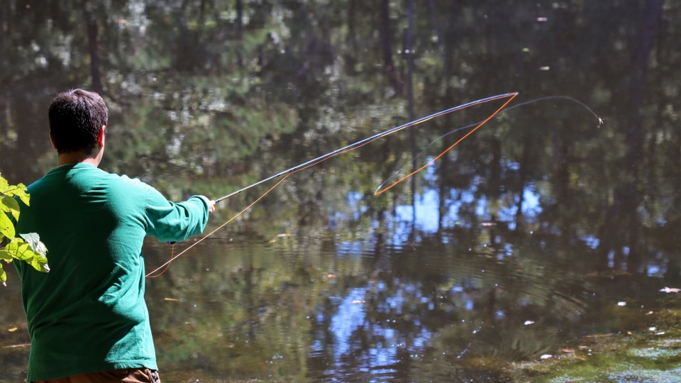 a person casting a fishing line into a pond