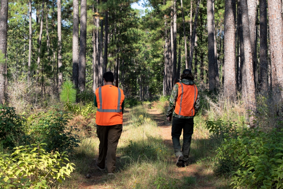 hunters 2 hunters wearing orange vests walking down a dirt road in the forest