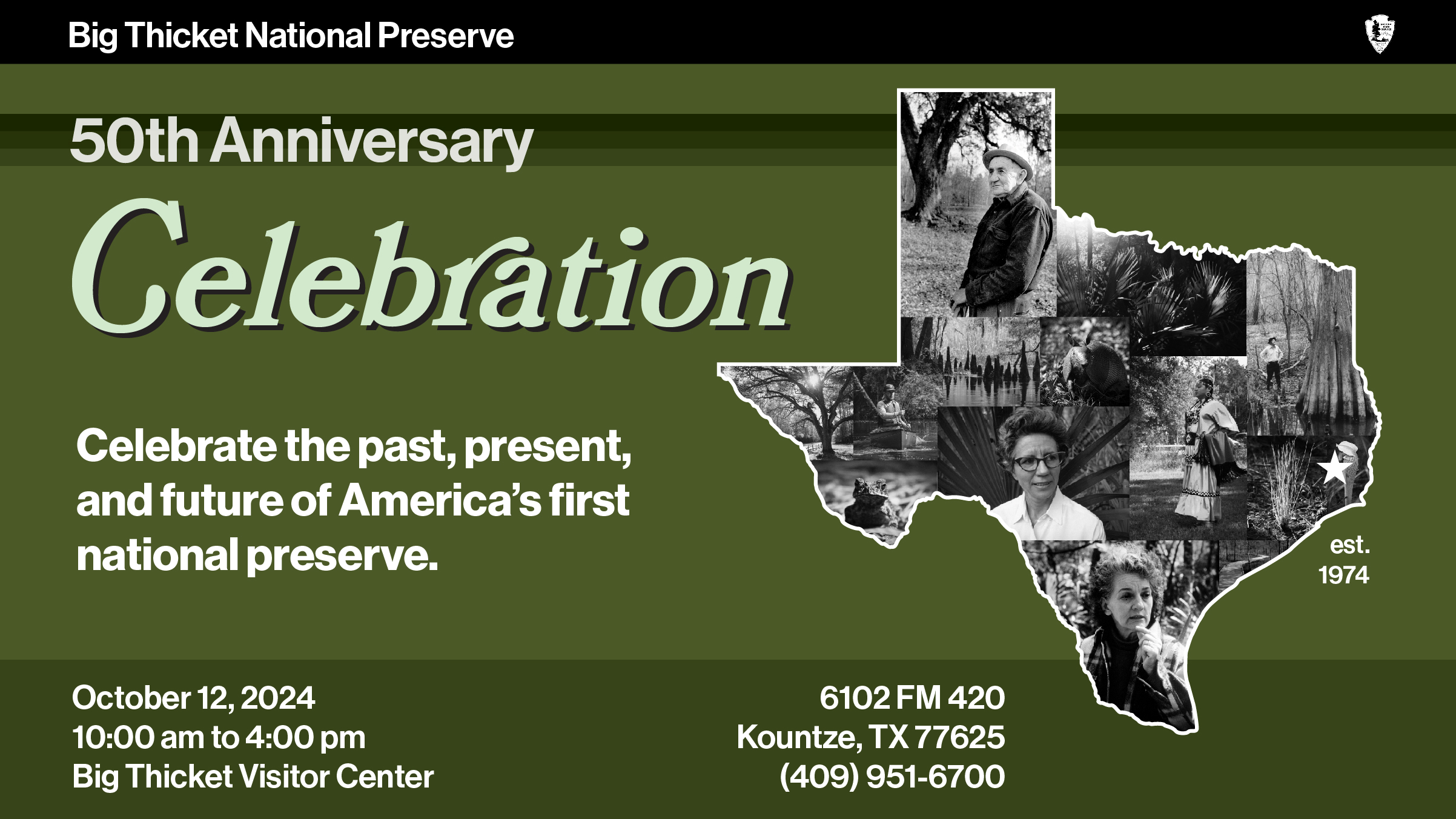 50th Anniversary Celebration graphic graphic with text: Big Thicket National Preserve 50th Anniversary Celebration: Celebrate the past, present, and future of America's first national preserve on October 12, 2024 and outline of Texas.