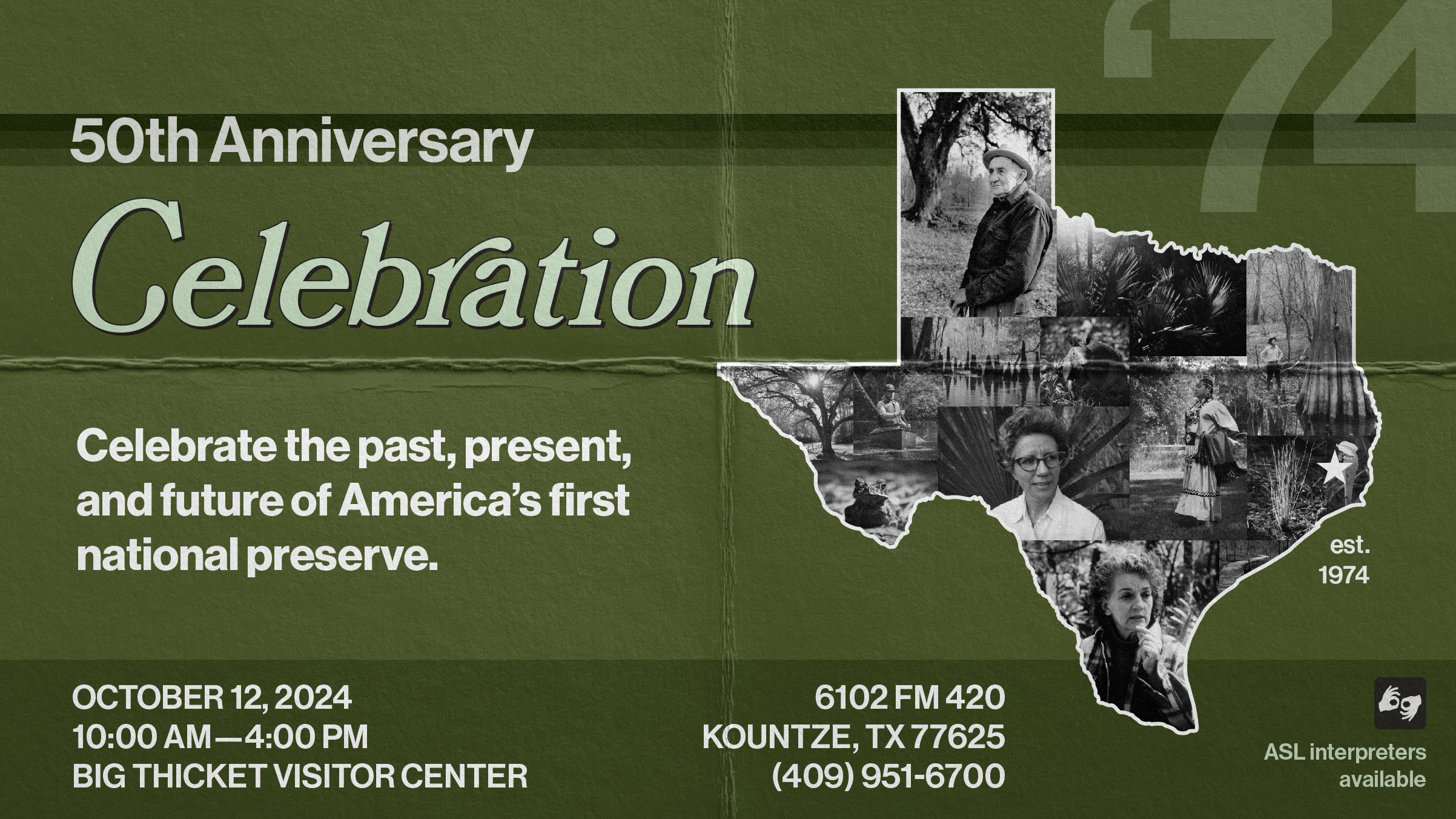 50th Anniversary Celebration info graphic with green background and collage of old black and white photos in the shape of Texas. Text reads: 50th anniversary Celebration; celebrate the past, present, and future of America's first national preserve on October 12, 2024.