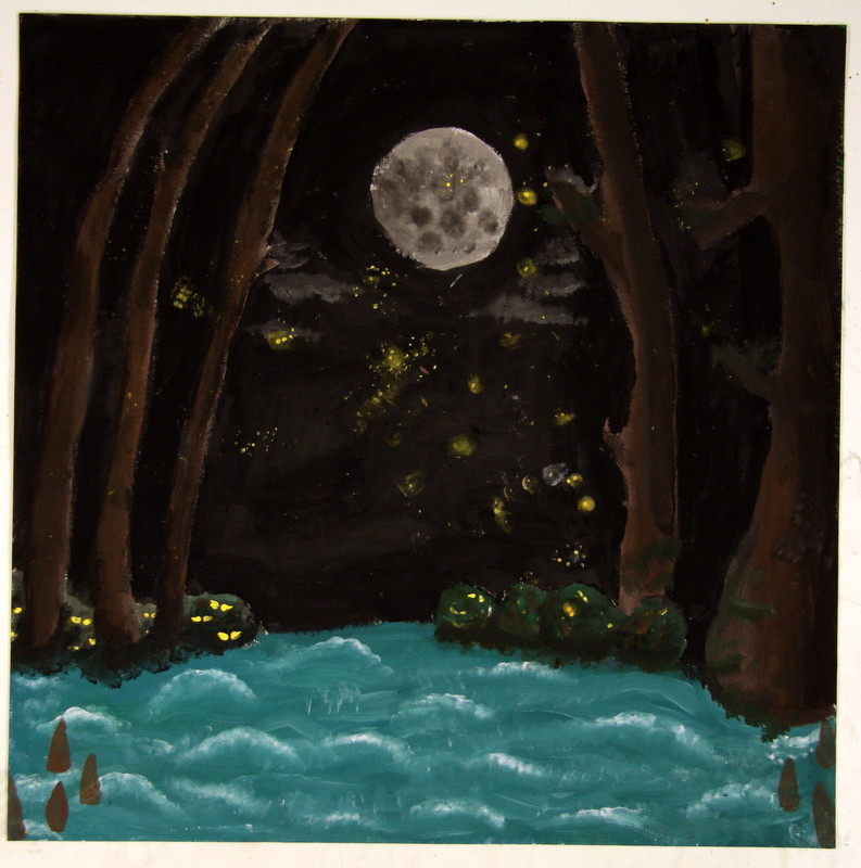 Student Art student artwork showing a nighttime forest scene with a full moon, stars, clouds, trees, and a swamp.