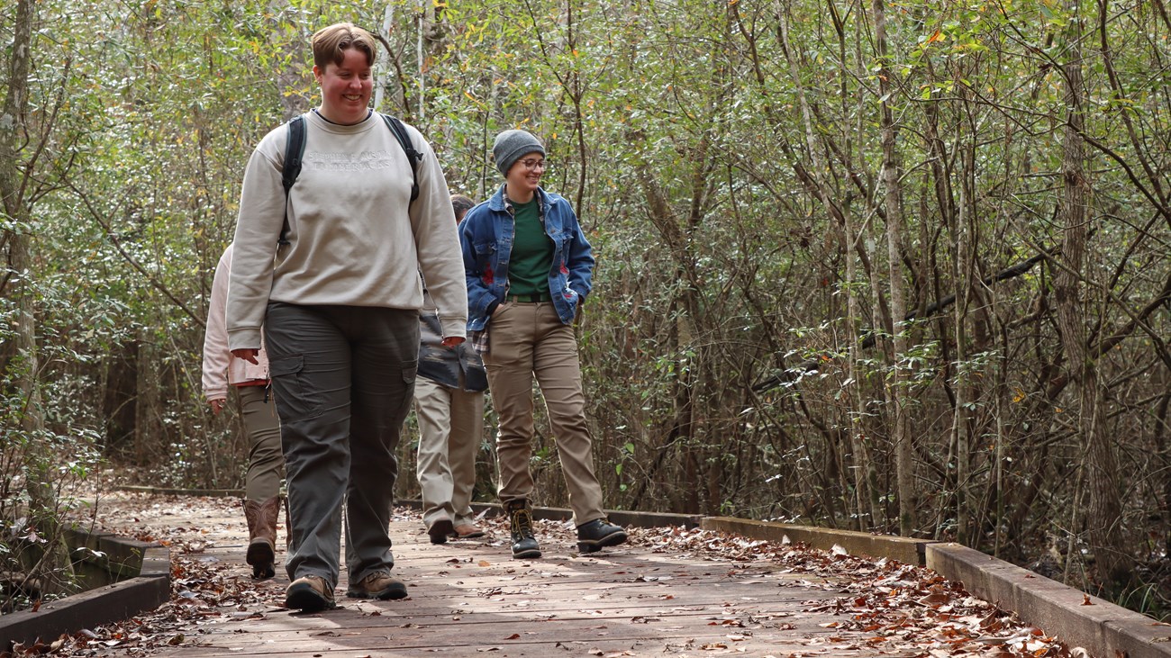 A group of 4 hikers walking on a boardwalk through a dense thicket in winter.