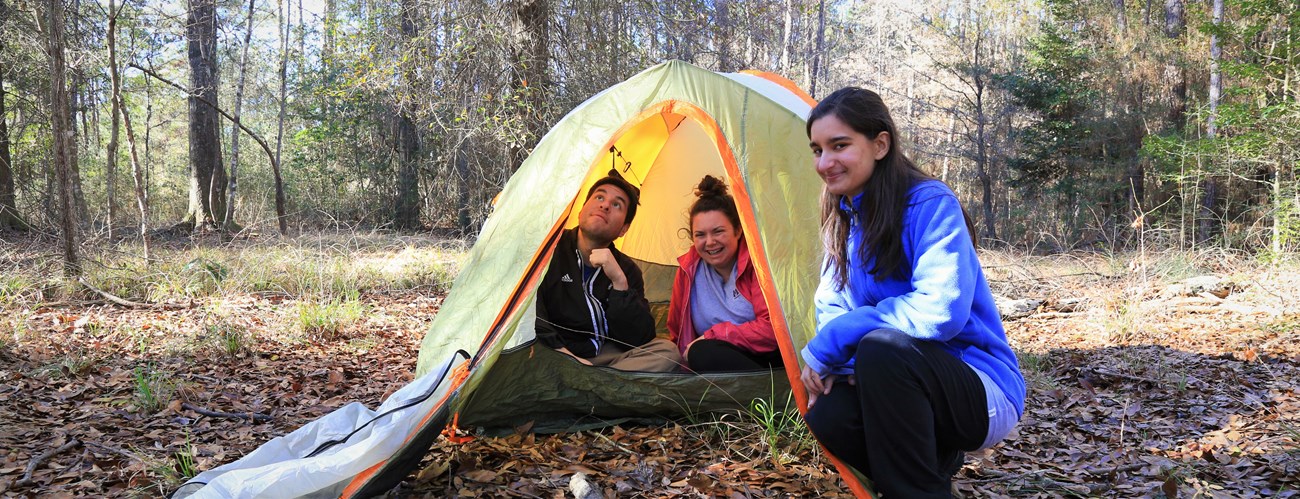 2 campers inside a tent and 1 outside in the woods