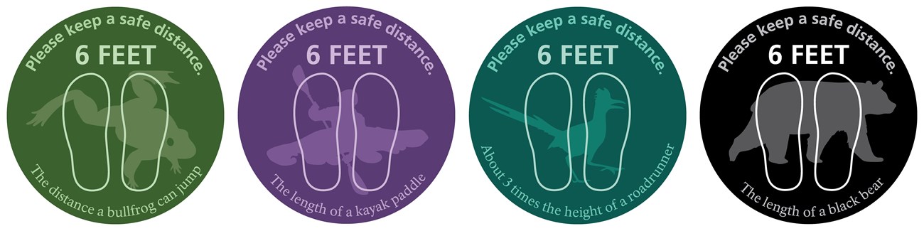 set of 4 social distancing stickers. text: please keep a safe distance. 6 feet. the distance a bullfrog can jump. the length of a kayak paddle. about 3 times the height of a roadrunner. the length of a black bear.