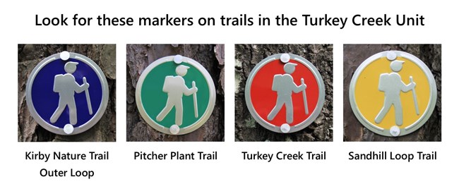 collage of 4 photos of trail blazes and text: Look for these markers on trails in the Turkey Creek Unit; blue for Kirby Nature Trail Outer Loop; green for Pitcher Plant Trail; red for Turkey Creek Trail; and yellow for Sandhill Loop Trail