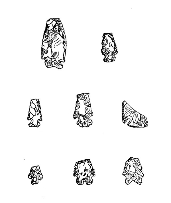 Drawings of different sized and textures lithic scatter. White background, black ink.