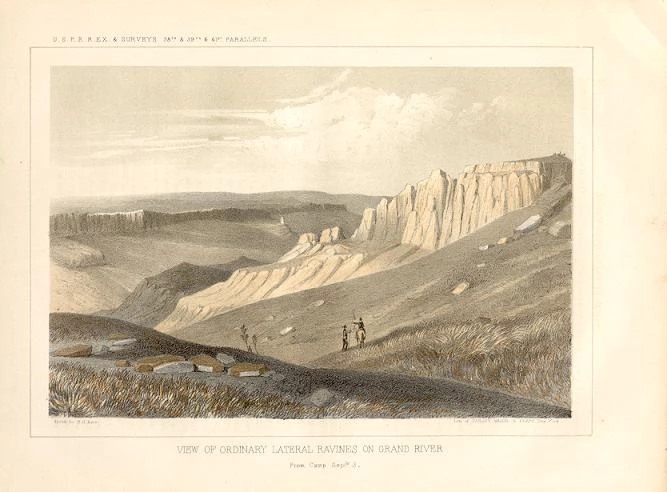 Ordinary Lateral Ravines on the Grand (Gunnison) River From Camp September 3, 1853 Lithograph depicting a scene with tall pinnacle spires and mesas. Grasses and hills are shaded in grey and brown in the foreground. Two figures, one on horseback, are facing away towards a canyon in the distance.