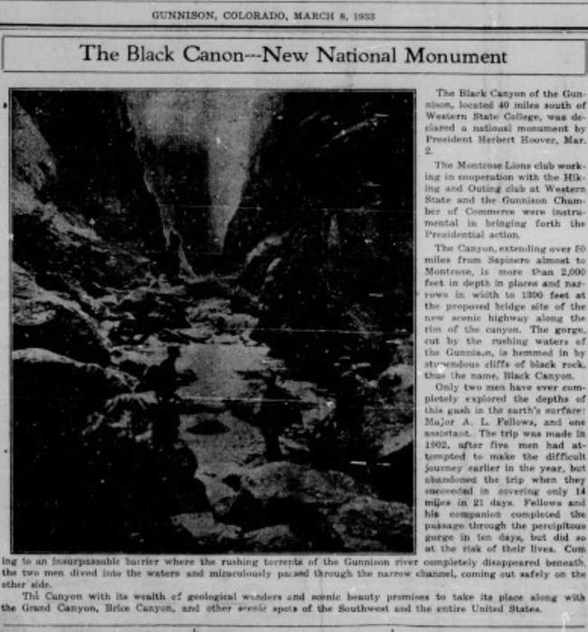 Historic newspaper clipping showing a dark canyon and black text along the side