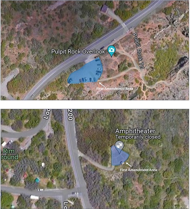 Two aerial photo maps of Black Canyon's Pulpit Rock and campground amphitheater, with blue areas highlighted signifying First Amendment areas.