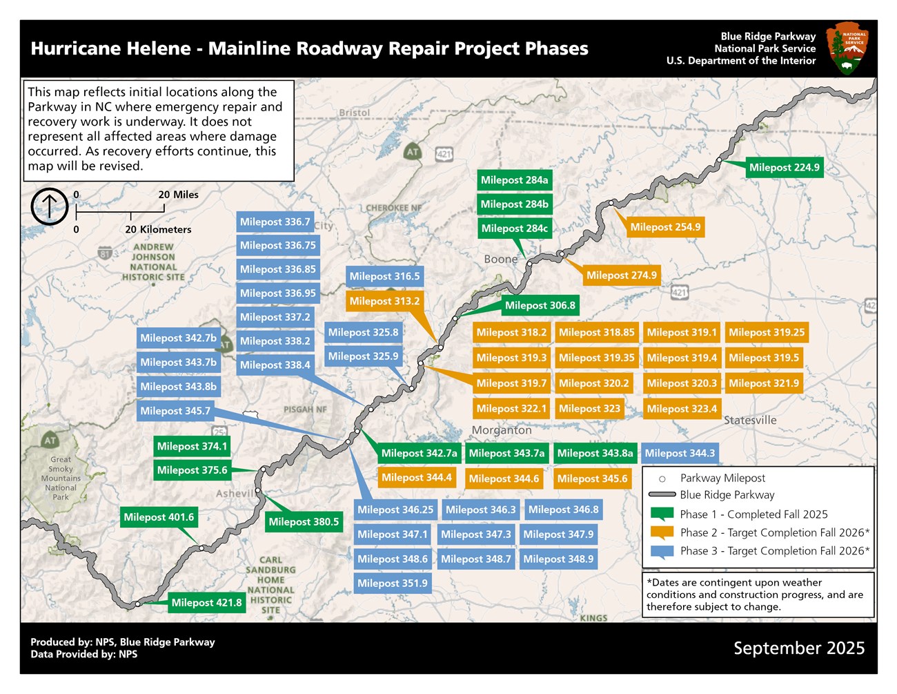 Map showing locations by phase for Helene repair work in North Carolina.