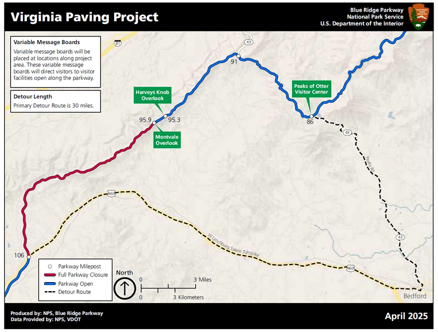Roanoke_GAOAPaving_DetourMap_2025 Map of the Blue Ridge Parkway in Roanoke VA highlighting road closures and deteours. Open section of the road are in blue, closures in red and detours represented by a black broken line.