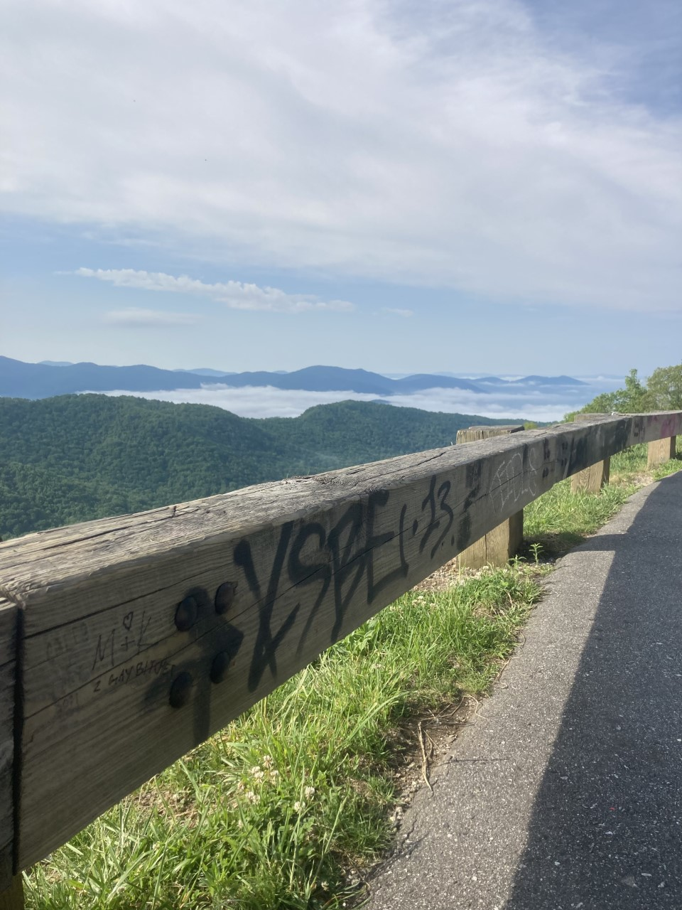 Words and images drawn on a wooden guard rail along the Parkway