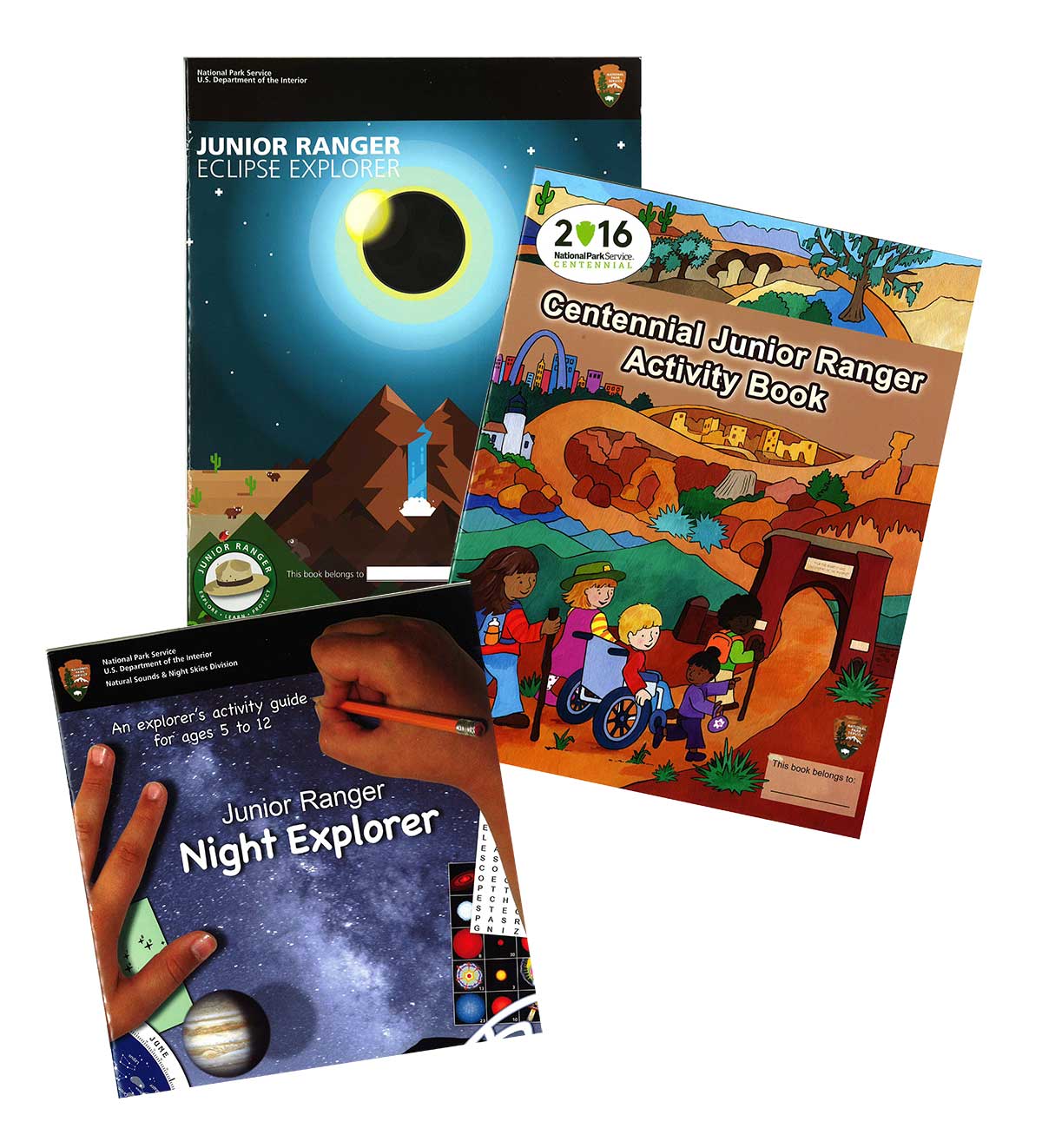A photo of 3 junior ranger activity booklets -Night Skies, Centennial, and Solar Eclipse A photo of 3 junior ranger activity booklets -Night Skies, Centennial, and Solar Eclipse
